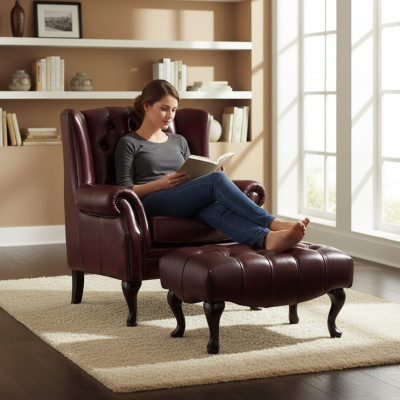 Chesterfield Ohrensessel + Hocker Sessel Couch Polster Set Leder Textil 16101330