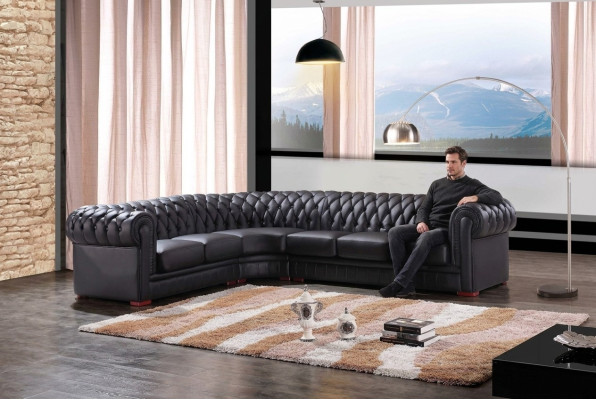 Chesterfield rohová pohovka Rohová sedačka Designer Sofa Černá Pohovka 100% kůže Okamžitě