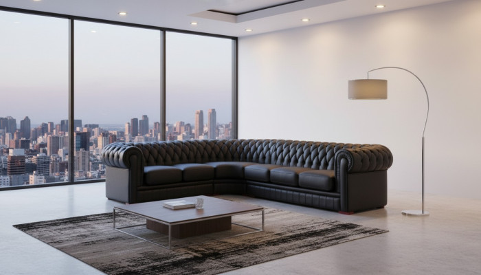 Chesterfield rohová pohovka Rohová sedačka Designer Sofa Černá Pohovka 100% kůže Okamžitě