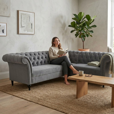 Graues Chesterfield Ecksofa Eckcouch Designer L-Form Samt Sofa