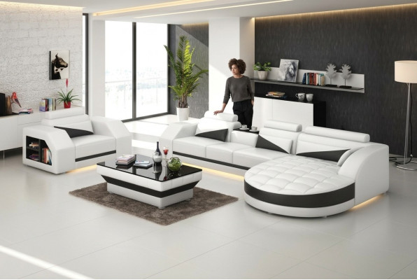 Ledersofa Couch Wohnlandschaft Ecksofa + Sessel Garnitur Design Sofa G8018E