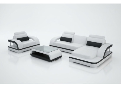 Ledersofa Couch Wohnlandschaft Ecksofa + 1Sitzer Garnitur Modern Sofa G8011E