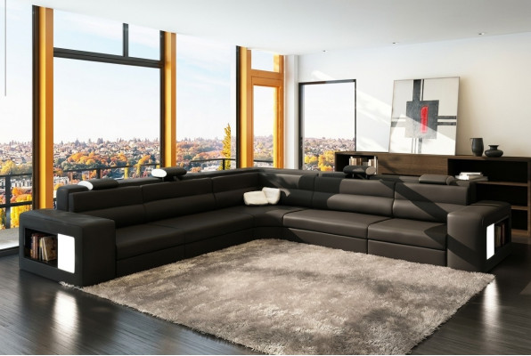 Ledersofa Sofa Couch Ecksofa Sitz Polster Wohnlandschaft XXL Big Weiden Black