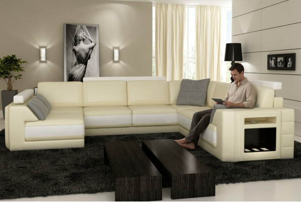 Designerská rohová sedačka, pohovka, kožená sedačka, polstrovaná sedačka, polštář, sedadlo, rohová sestava + světlo PHM3027.
