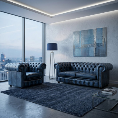Chesterfield Sofa Couch Polster Leder Dekor Textil Sofagarnitur 2+1 Polster